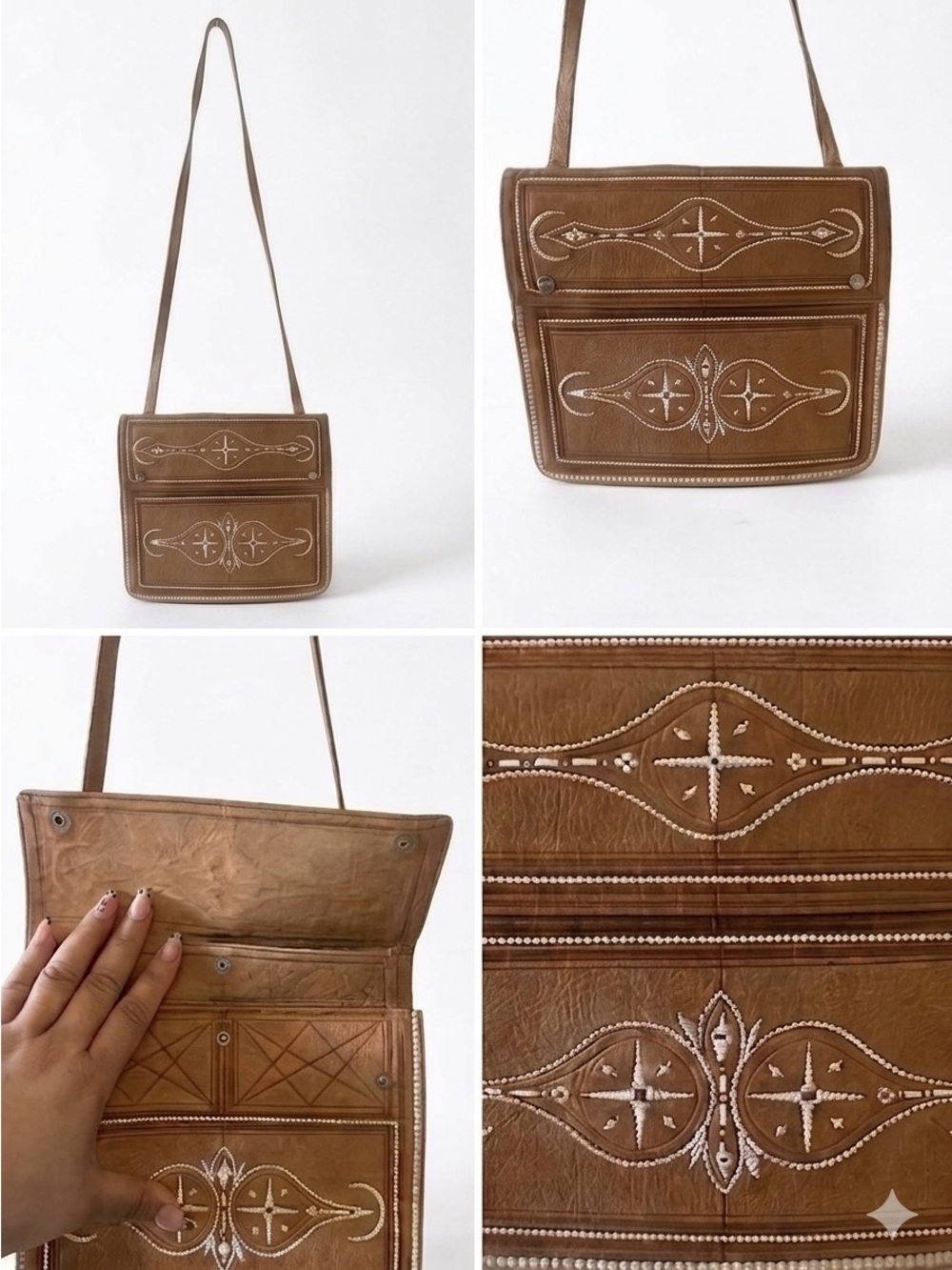 Brown Genuine Leather Crossbody Purse With  White Stitching